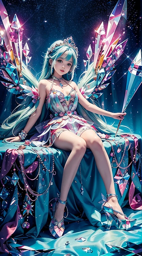 cute (Masterpiece), (Best quality), Extremely detailed, illustration, ((1girll)), (colorful crystals:1.5),(Wear crystal shoes:1.5),(colorfulhair:1.2),(Colorful dresses),High chiaroscuro,(full bodyesbian:1.5)little girl baby baby chibi smiling gently sparkling light rainbow color
