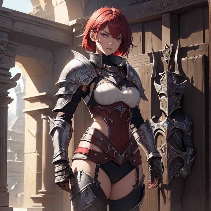 (absurdres, high fantasy artwork, best high quality image, carefuly detailed, very detailed features and textures, Diablo-video game series-aesthetic)
{{1character: 25 years old barbarian girl, (scarlet red short hair, purple eyes with black pupils, very thin lips, white skin, wearing full armor), (full bulky knight armor, full bulky shoulder plates, full armored bulky-breast-plate-armor-no revealing-skin, full gauntlets plates, full elbow plates, full plate boots), (her weapon: broad sword on her back), (attack pose pose, very serious face, no sense of humor), (Scenery: Wooden irish cotage with ancient Greek forniture and celtic forniture)}}