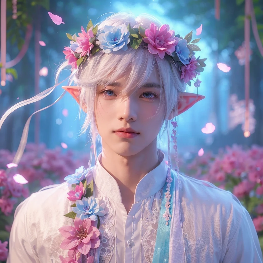 Handsome boy, white hair, white eyes, wearing pink and light blue flower crown, wearing white barong tagalog, elf ear, "surrounded by light blue, pink, and purple light, magic forest background