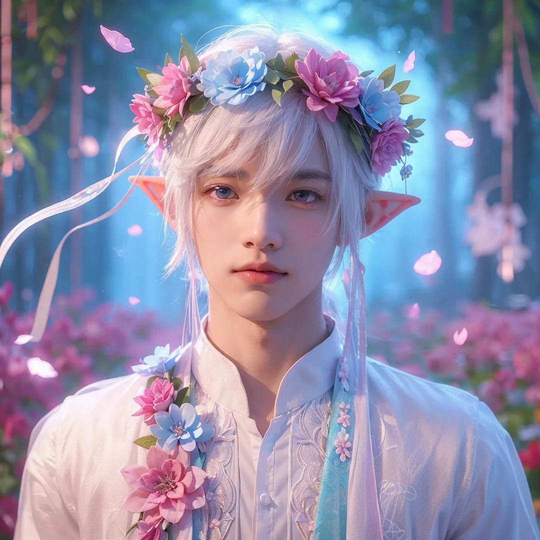 Handsome boy, white hair, white eyes, wearing pink and light blue flower crown, wearing white barong tagalog, elf ear, "surrounded by light blue, pink, and purple light, magic forest background