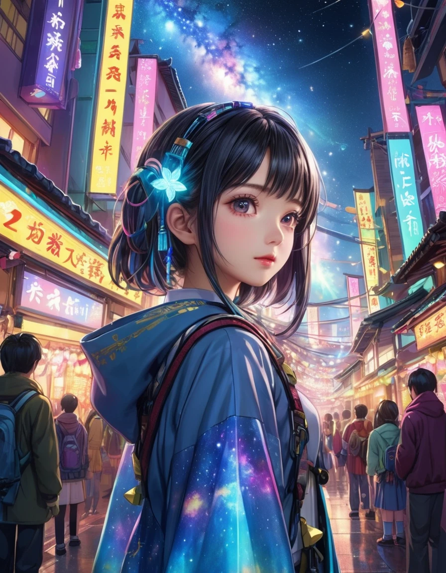 dynamic angle, (close up face), a ultra detailed cute moe anime, Tanabata Cyberpunk is a unique landscape where ancient traditions and future technologies merge. The Tanabata festival is held in a future city illuminated by neon lights. Tanzaku are digitalized, and wishes are uploaded to the cloud. People, dressed in cyberpunk style, write their wishes on digital tanzaku. In the sky, a holographic Milky Way spreads out, and people enjoy the festival under it.