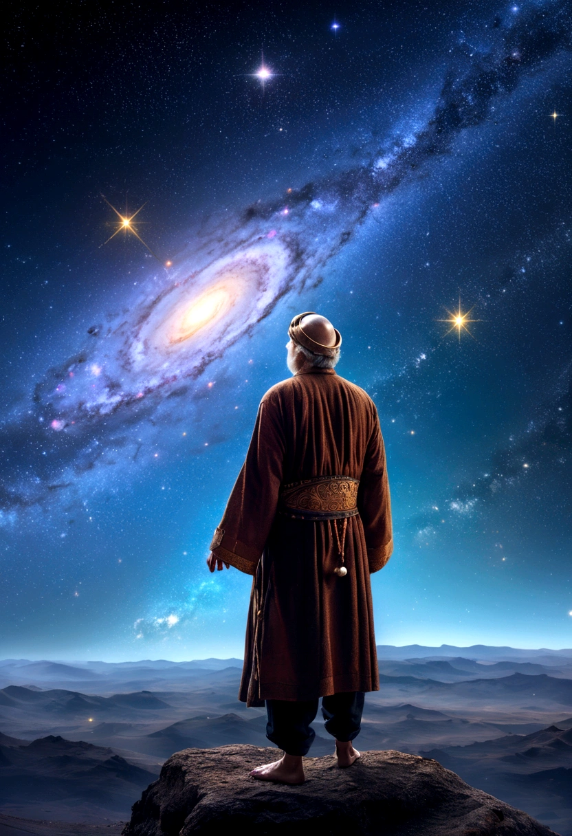 (Astrologer), An astrologer is exploring an ancient ruins, surrounded by ancient stone pillars and murals with starry sky patterns. The background is a twinkling galaxy, full body, (Photography), panoramic view, award-winning, cinematic still, emotional, vignette, dynamic, vivid, (masterpiece, best quality, Professional, perfect composition, very aesthetic, absurdres, ultra-detailed, intricate details:1.3)