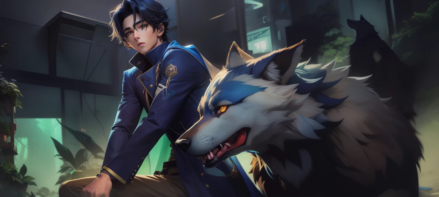 The image features a male anime character wearing a blue coat, sitting on a green background, with a wolf's face in the foreground.