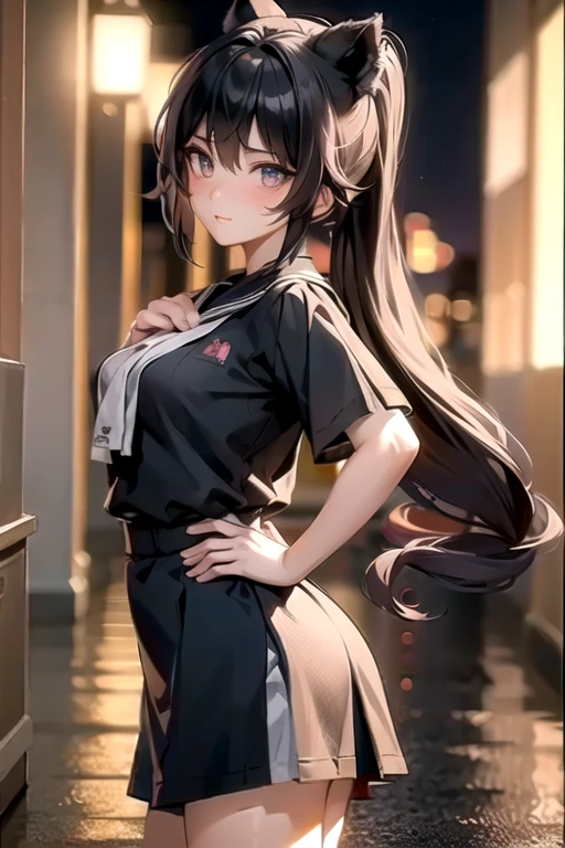 ((best quality)), ((Masterpiece)), (details:1.4), 3d, delicate big eyes,The clothes are tight.,detailsของรูม่านตาสีดำขนาดใหญ่,high school girl, fierce girl , long hair, Shiny skin, fine hair, ใบหน้าที่มีdetails, (beautiful scenery), school hallway, at night, Tsundere