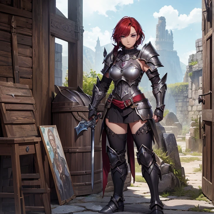 (absurdres, high fantasy artwork, best high quality image, carefuly detailed, very detailed features and textures, everquest-aesthetic)
{{1character: 25 years old barbarian girl, (scarlet red short hair, purple eyes with black pupils, very thin lips, white skin, wearing full armor), (full bulky knight armor, full bulky shoulder plates, full armored bulky-breast-plate-armor-no revealing-skin, full gauntlets plates, full elbow plates, full plate boots), (her weapon: broad sword on her back), (attack pose pose, very serious face, no sense of humor), (Scenery: Wooden irish cotage with ancient Greek forniture and celtic forniture)}}