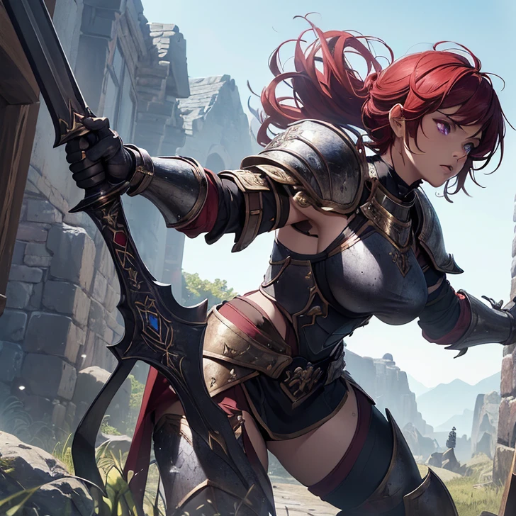(absurdres, high fantasy artwork, best high quality image, carefuly detailed, very detailed features and textures, everquest-aesthetic)
{{1character: 25 years old barbarian girl, (scarlet red short hair, purple eyes with black pupils, very thin lips, white skin, wearing full armor), (full bulky knight armor, full bulky shoulder plates, full armored bulky-breast-plate-armor-no revealing-skin, full gauntlets plates, full elbow plates, full plate boots), (her weapon: broad sword on her back), (attack pose pose, very serious face, no sense of humor), (Scenery: Wooden irish cotage with ancient Greek forniture and celtic forniture)}}