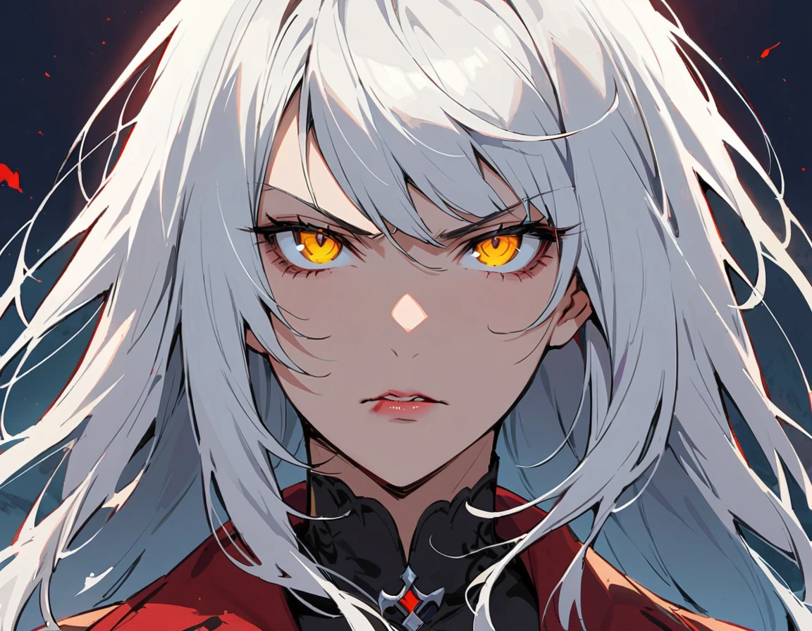 Long white hair, yellow eyes, evil, sexy, black and red clothes, cute hairstyle, evil face, evil, serious look, gloss lips, sinister, front look, bloody, gloves, (((half-body portrait))), beautiful eyes, short dress, big white, dark place, night, sensual, straight hair cut, clear skin, evil, young 30 years girl, adult girl, solo, red, very long hair, (((Older mature woman)))