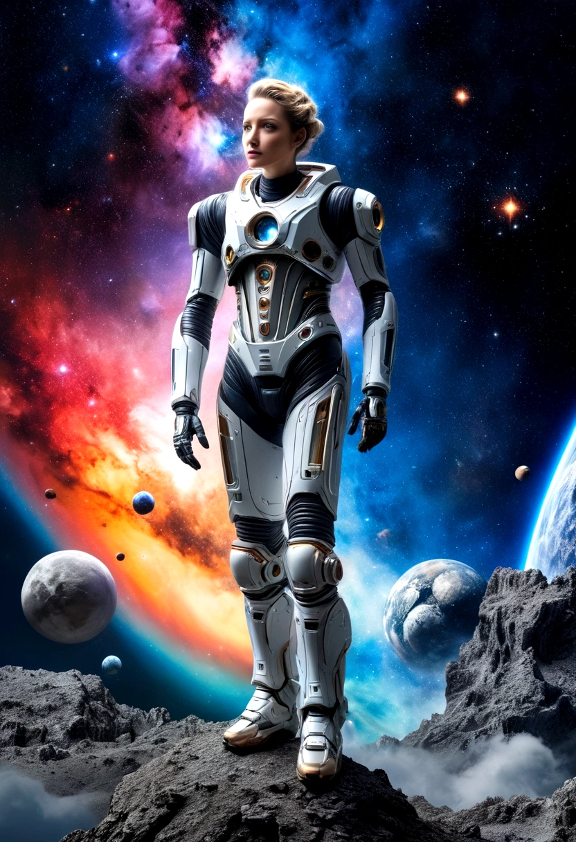 (Astrologer), An astrologer is exploring an ancient ruins, surrounded by ancient stone pillars and murals with starry sky patterns. The background is a twinkling galaxy, full body, (Photography), panoramic view, award-winning, cinematic still, emotional, vignette, dynamic, vivid, (masterpiece, best quality, Professional, perfect composition, very aesthetic, absurdres, ultra-detailed, intricate details:1.3)