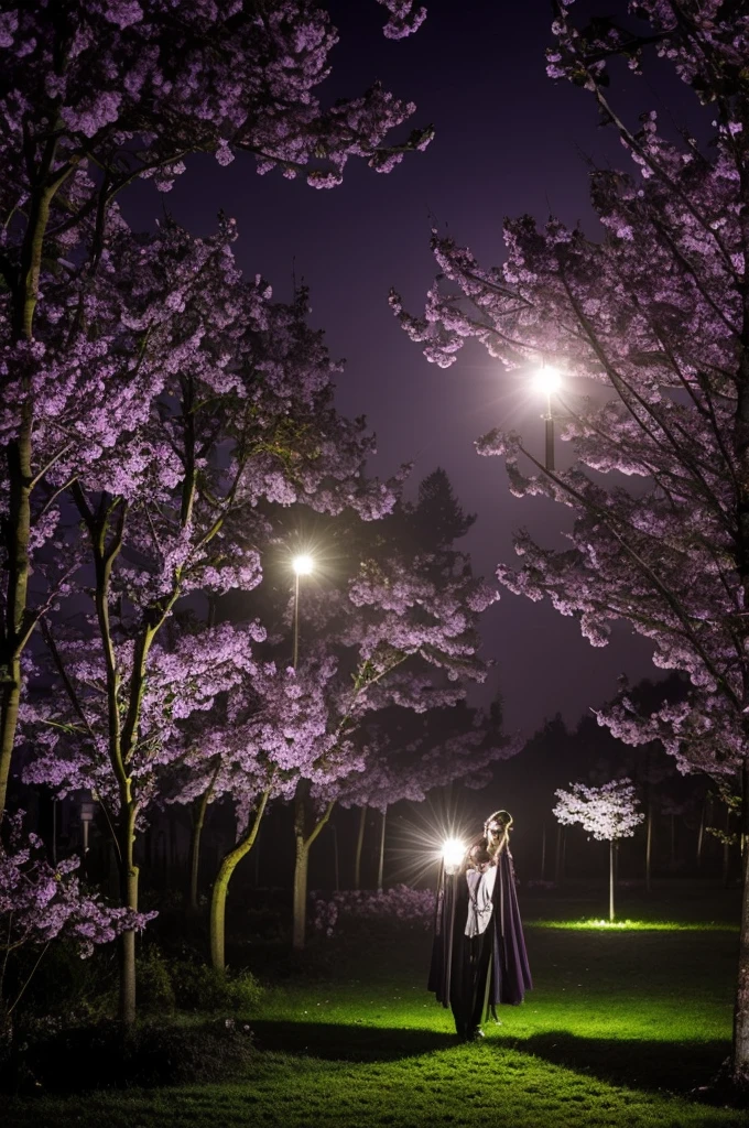 Poupée demoniaque, arbres morts, fleurs mauve et or, ambiance glauque,  lune électrique