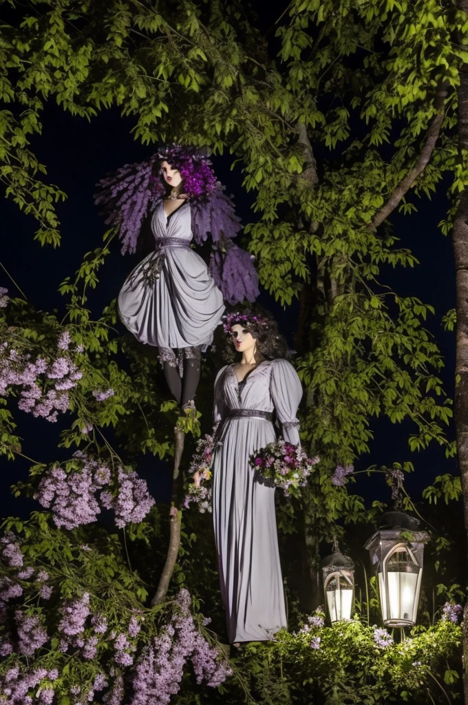 Poupée demoniaque, arbres morts, fleurs mauve et or, ambiance glauque, lune électrique
