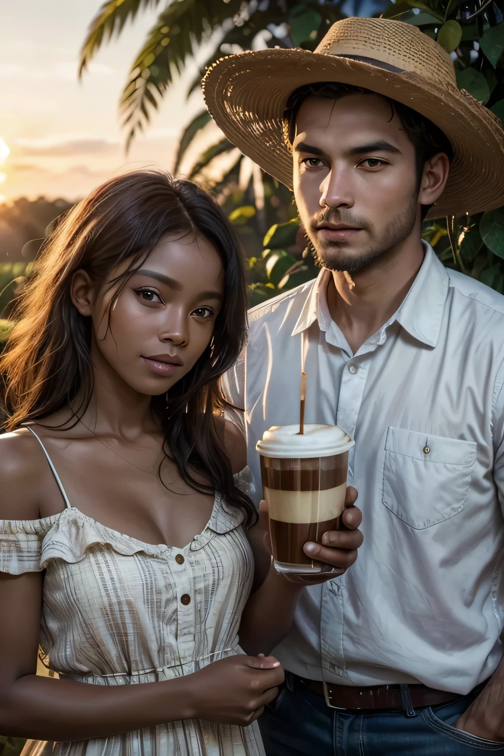 ((Best Quality)), ((Masterpiece)), (detailed), 1 couple of farmers, man and woman dark skin tone, drinking coffee, each one with his cup, together in the sunset of their coffee tree farm, BLACK IMAGE