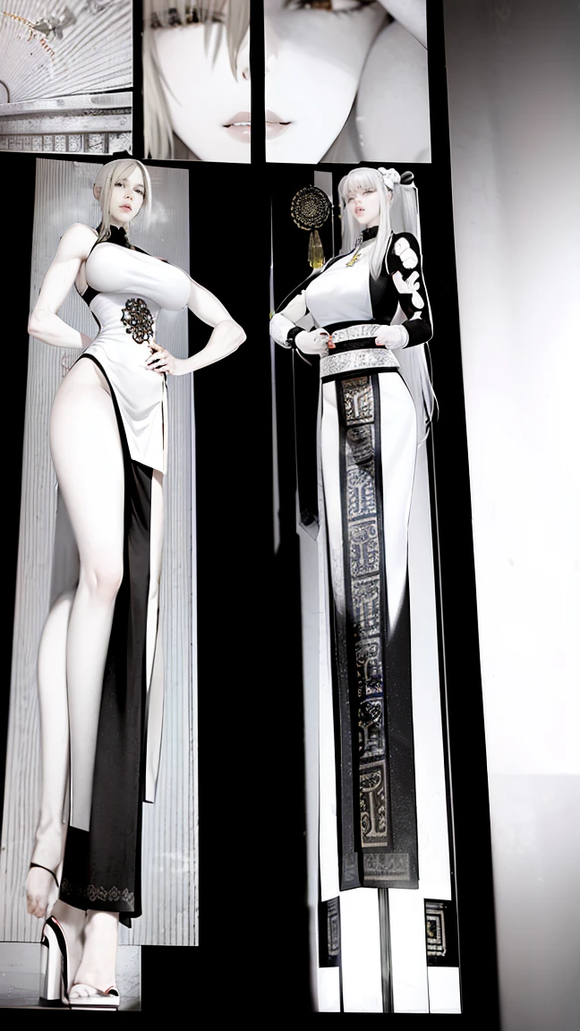 A female empress, with yellow eyes, white militar short hair, with a young face. slim muscular body, but well proportioned. Traditional Chinese imperial clothing dress decorated in gold with black details, red hanafuda earrings, red skirt, black string sandal. meditating in an ancient Chinese meditation hall, with candles, with the moon and stars in the window in the background and with flashes of light reflecting on your body. High definition.Sexy anime in 4K, full-body photos, sensual poses,
