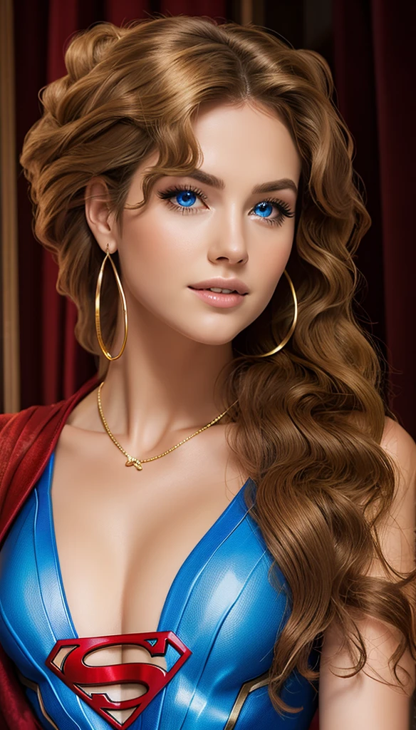 The character Supergirl, perfect blue and red costume with the traditional "S" in the chest, red cape, shiny little blue eyes, extremely beautiful blond hair, beautiful smile , perfect anatomy and extremely beautiful face, hyperrealistic face 