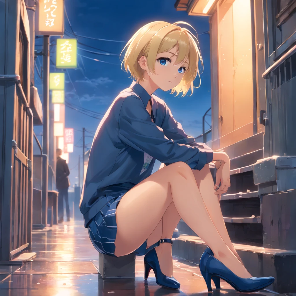 17 years old Women, ((Blonde)), ((Blue eyes)), ((Short hair)), ((Full shot)), very detailed makeup, pale pink lipstick, long earrings, sitting with her hands around her legs and her head on her knees, she is wearing a cotton top and a leather mini skirt, she is wearing ((high heels)) and she is sitting on a ladder, at night, the floor is wet