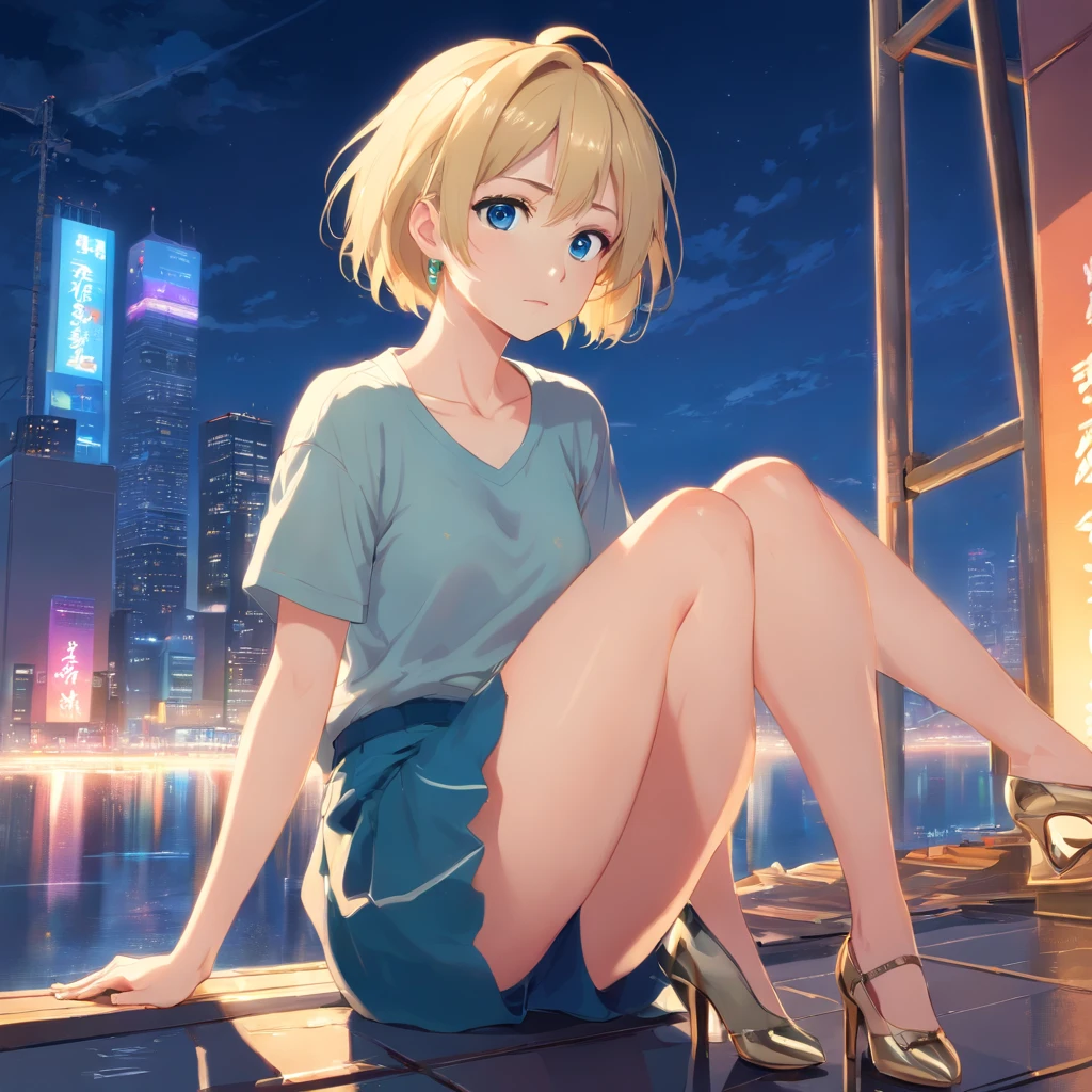 Women, ((Blonde)), ((Blue eyes)), ((Short hair)), ((Full shot)), very detailed makeup, pale pink lipstick, long earrings, sitting with her hands around her legs and her head on her knees, she is wearing a cotton top and a leather mini skirt, she is wearing ((high heels)) and she is sitting on a ladder, at night, the floor is wet