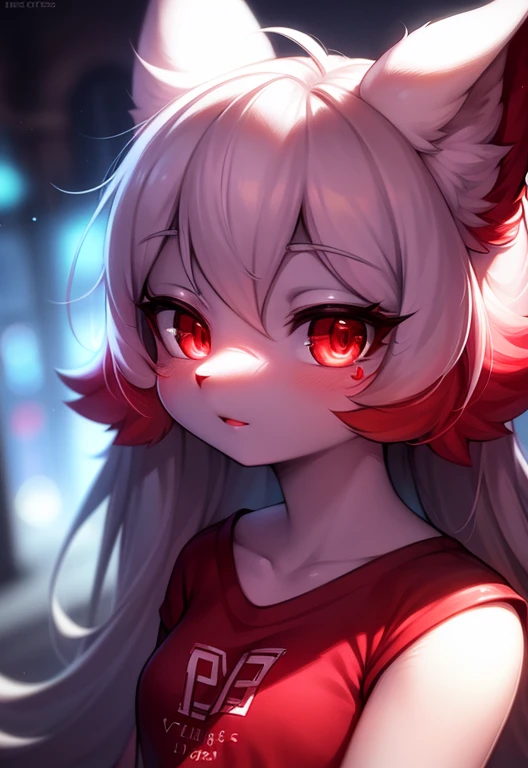 velues, white fur, ultra cute face, ultra long lashes, Expressive, red elements on the skin, bright t-shirt, Beautiful lights and shadows, ambient light, ultra detailed skin, ultra HD, work of art, epic, highy detailed, neon highlights, Bright dark