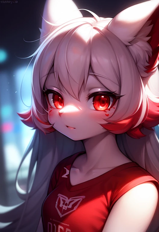 velues, white fur, ultra cute face, ultra long lashes, Expressive, red elements on the skin, bright t-shirt, Beautiful lights and shadows, ambient light, ultra detailed skin, ultra HD, work of art, epic, highy detailed, neon highlights, Bright dark