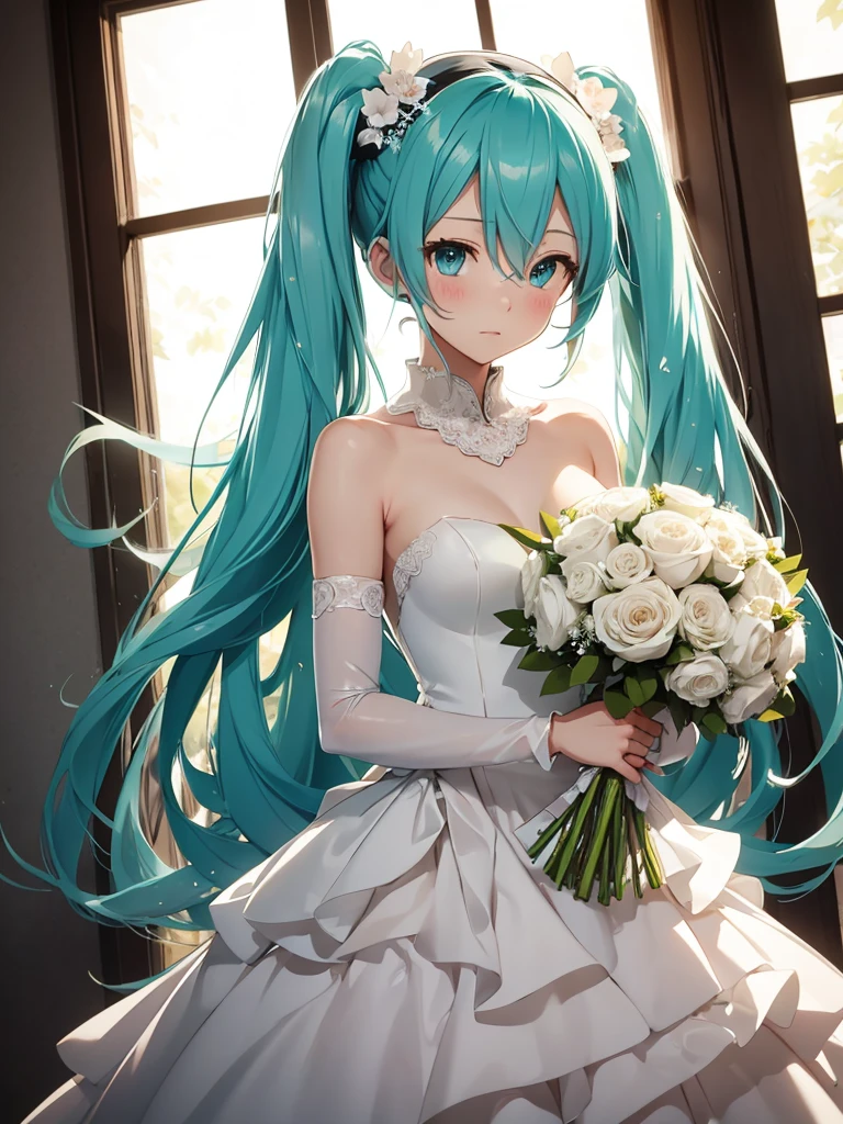hatsune miku, very shame, very cute, wedding dress, holding a bouquet