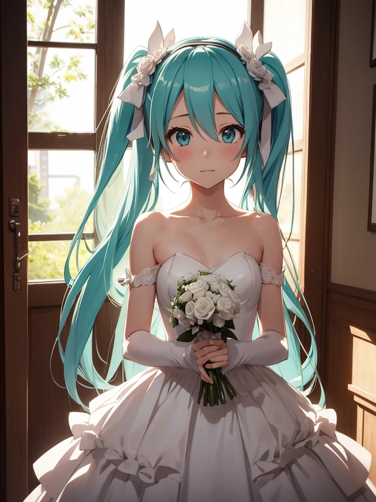 hatsune miku, very shame, very cute, wedding dress, holding a bouquet