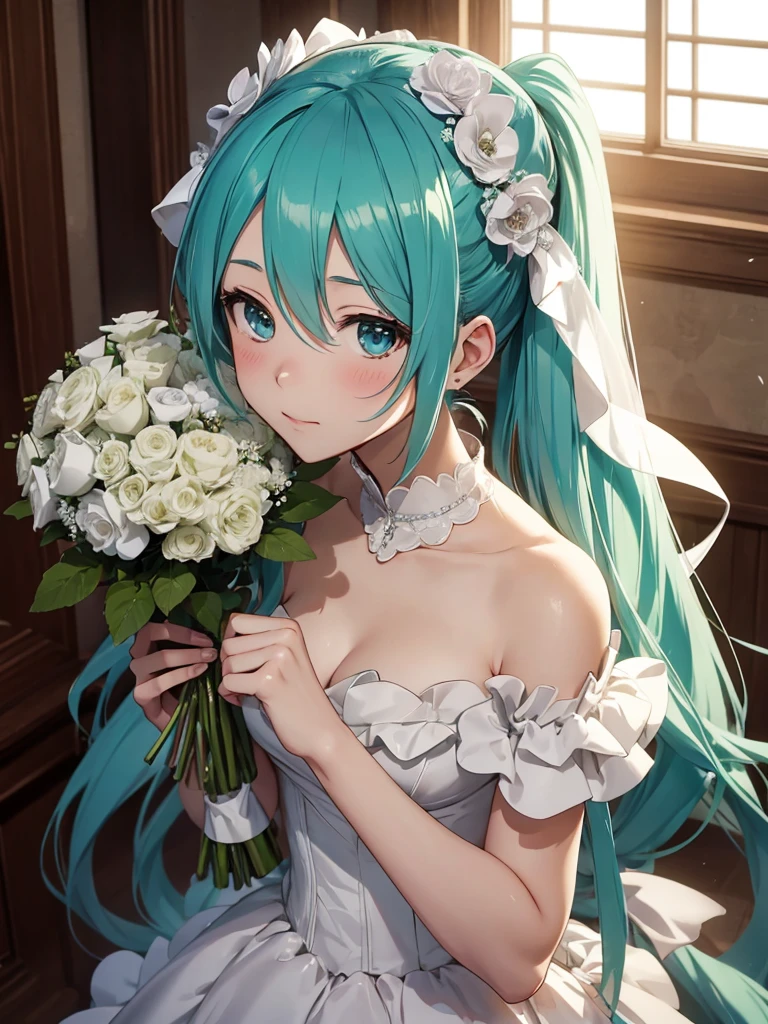 hatsune miku, very shame, very cute, wedding dress, holding a bouquet