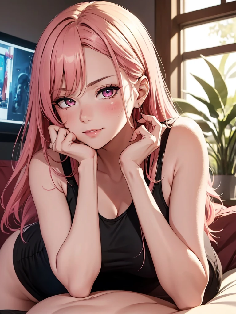 (best quality,8k,16,highres,masterpiece:1.2),ultra-detailed,(realistic:1.37) UHD, exited attractive mature woman, pink hair, beautiful detailed eyes, detailed face and expressions, rendered eye ,perfect anatomy, beautiful detailed lips, wearing tight black tanktop, smirking, lusty, horny blushing, lying on couch, on back, leaning forward, simple lying, looking at viewer, happy, smirking, lusty, horny blush, not too close to viewer, relaxing atmosphere,neutral color scheme ,cozy environment,soft natural lighting, exited expressionenthusiastic gaming session,console gaming, Detalied TV in background, gaming room room, simple background, night time, shot straight, one hand between breasts 
