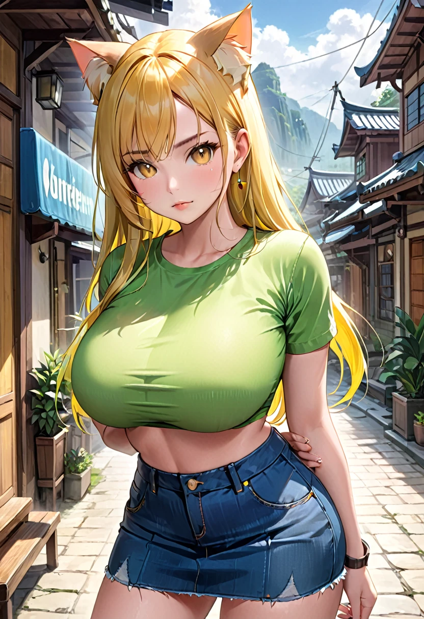 (( ภาพstraight face )) ((best quality)), ((Masterpiece)), (details), Young woman ,cat ears ,yellow hair , beautiful girl hair , according to green , Hot outfit, jeans skirt , bright , big breasts , Big waist, straight face ,sexy,outpost