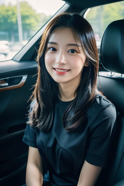 8K、High definition、Ultra Detail、Photorealistic、Realistic and accurate depiction、Realistic and accurate human anatomy、High resolution、Highest quality、Japanese beautiful girl、masterpiece,Highest quality,Raw photo、She sits in the passenger seat of the car、Drive Date、A very cute face like an idol 、Very beautiful black hair、A refreshing smile