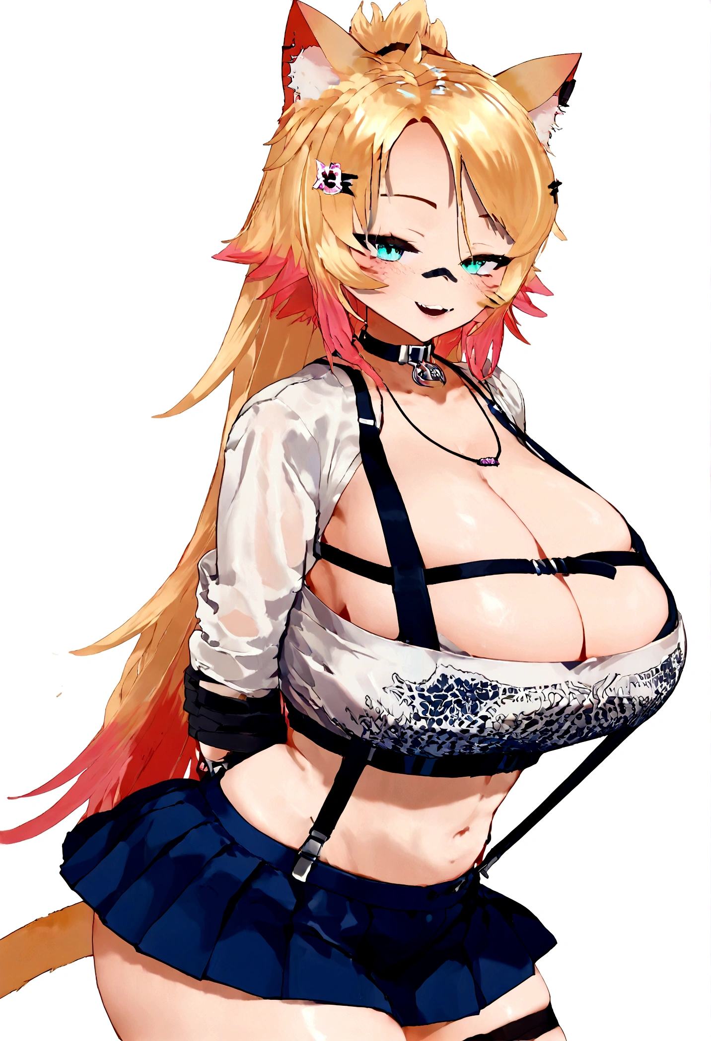 score_9, score_8_up, score_7_up, score_6_up,score_5_up,score_4_up, BREAK,1girl, solo, obkatiekat, vtuber, blonde hair, cat ears, thick thighs, cleavage, large breasts, cat tail, white shirt, navel, suspenders, blue skirt,
