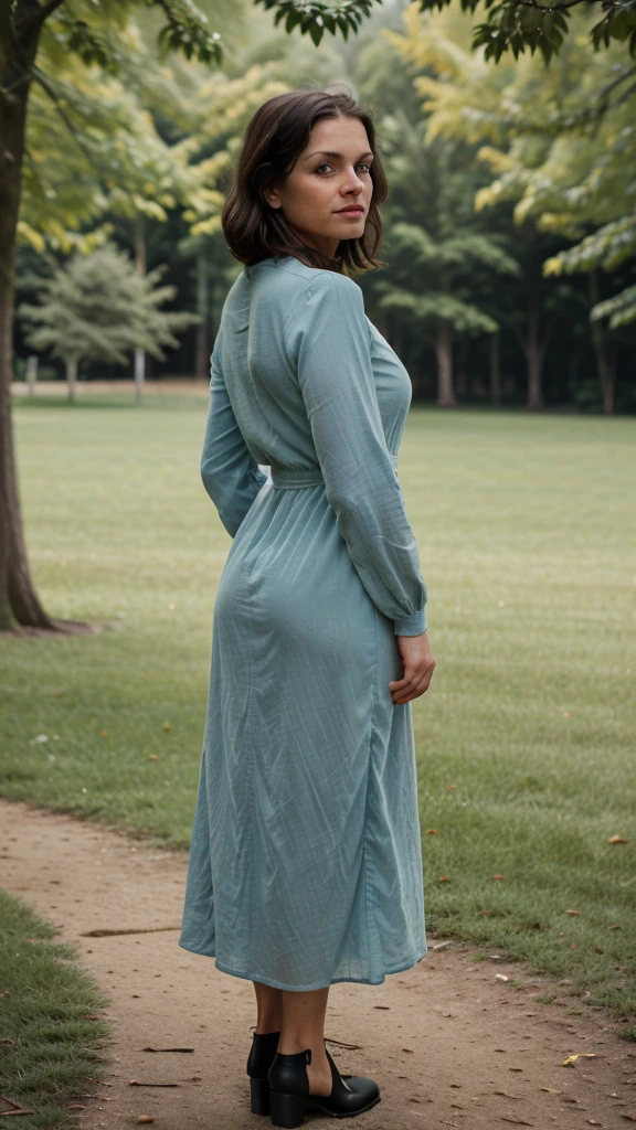 ((best quality)), ((masterpiece)), ((realistic)), 45-year-old girl, teen girl, short girl, cute face, mesmerizing blue eyes, short straight dark hair, extremely detailed, natural skin tone, skin with pores, wearing long sleeves maxi dress, portrait, full body shot, fit body, wearing black shoes, full body, front view, view from back,,side view, walking in park, shallow depth of field