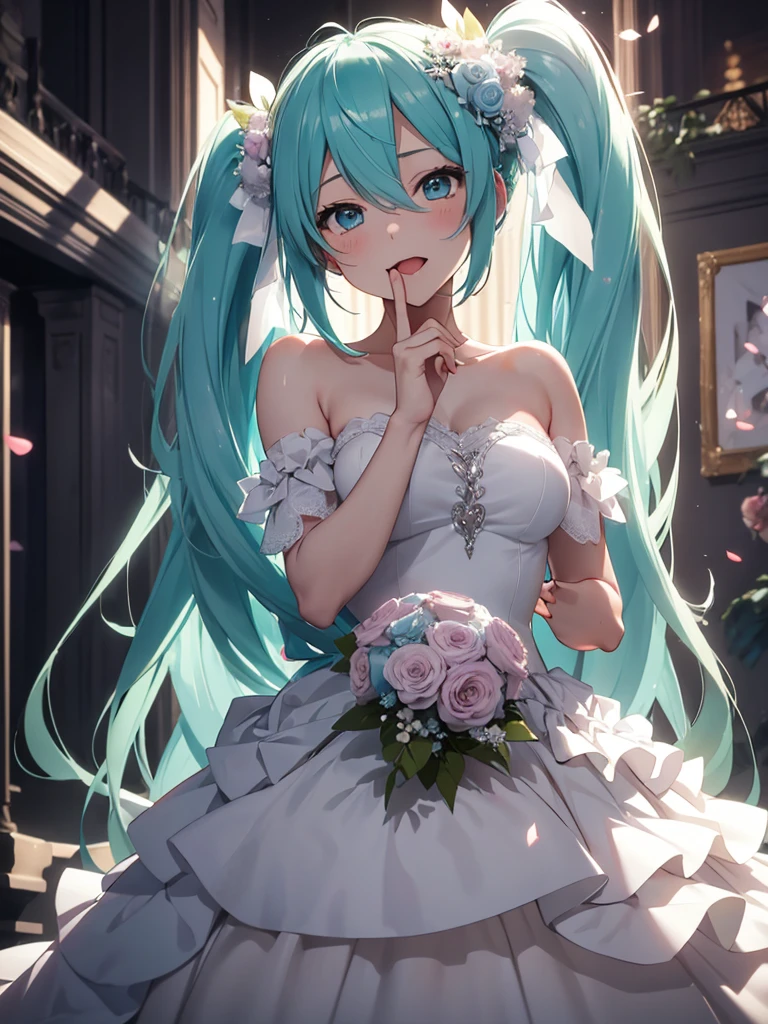 hatsune miku, very shame, very cute, wedding dress, holding a bouquet, showing the tongue, big tits