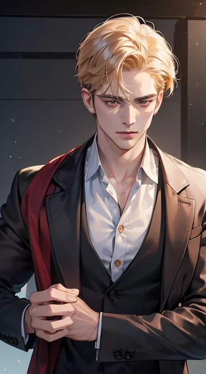 (best quality, masterpiece, 8K, photorealistic, cinematic lighting, 1:4 hdr image, ultra detailed, beautiful image), a mature man, 34 years very handsome, ((cold expression)), short golden hair, red eyes, face perfect without mistakes, ((buttoning his jacket, CEO))
