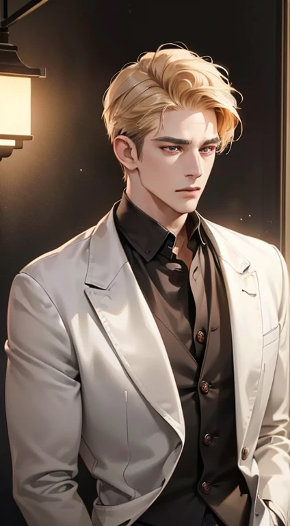(best quality, masterpiece, 8K, photorealistic, cinematic lighting, 1:4 hdr image, ultra detailed, beautiful image), a mature man, 34 years very handsome, ((cold expression)), short golden hair, red eyes, face perfect without mistakes, ((buttoning his jacket, CEO))