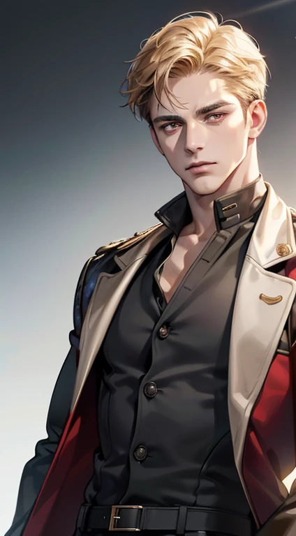 (best quality, masterpiece, 8K, photorealistic, cinematic lighting, 1:4 hdr image, ultra detailed, beautiful image), a mature man, 34 years very handsome, ((cold expression)), short golden hair, red eyes, face perfect without mistakes, ((buttoning his jacket, CEO))