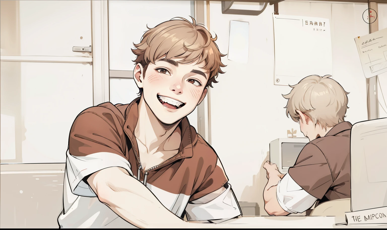 young 18 year old man smiles mischievously, has brown hair and eyes