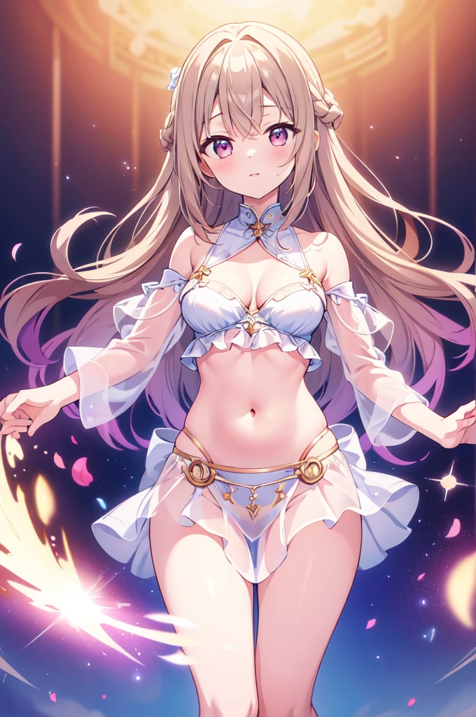 Masterpiece, top quality anime illustration, super detailed, single girl, solo, beautiful girl with silver hair, Emilia re:zero, purple eyes, Emilia, crown braid, x hair ornament, flower hair ornament, white hair, very long hair, medium breasts, anime, cat ear , pale golden see-through dancer costume, smile, cleavage enhancement, lower breast emphasis on bare skin, thigh focus, night color