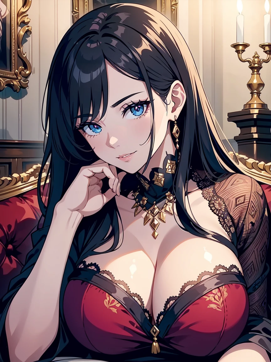 A close-up shot of a stepmother's face, lit by soft candlelight, as she seductively whispers to her stepson. Her eyes gleam with a knowing glint, her lips curled into a sly smile. The camera pans out to reveal the opulent surroundings, rich fabrics and ornaments adorning the walls. The stepson, dressed in casual attire, sits opposite her, his eyes glazed over in a mixture of pleasure and desperation. His hands tremble as he holds a wad of cash, ready to hand it over to her as she continues to whisper sweet nothings in his ear.