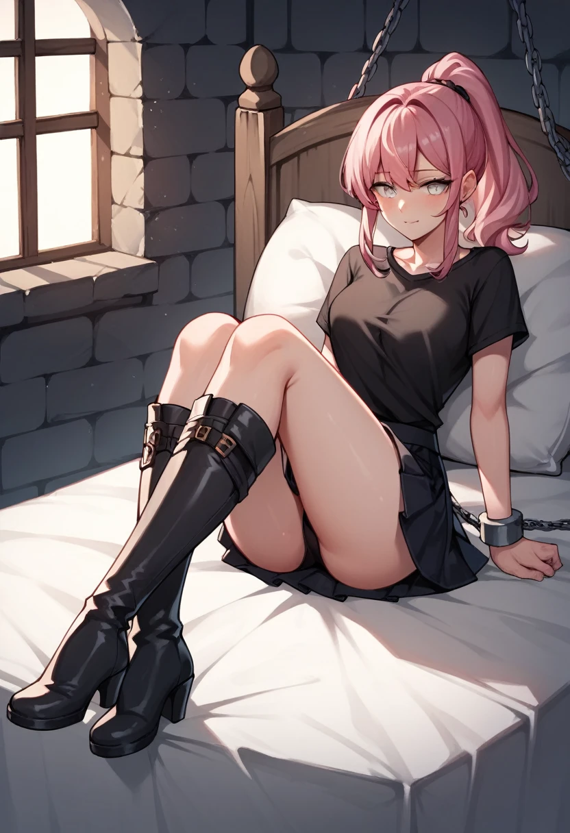 score_9, score_8_up, score_7_up, score_6_up, score_5_up, score_4_up, source_anime, 1girl,bed, pink hair ,ponytail, white eyes, laughter, w-w-chain, shackles, spraed arms, black shirt, skirt, black boots, thigh high boots, night, dungeon, best quality, best res, 4K UHD,
 