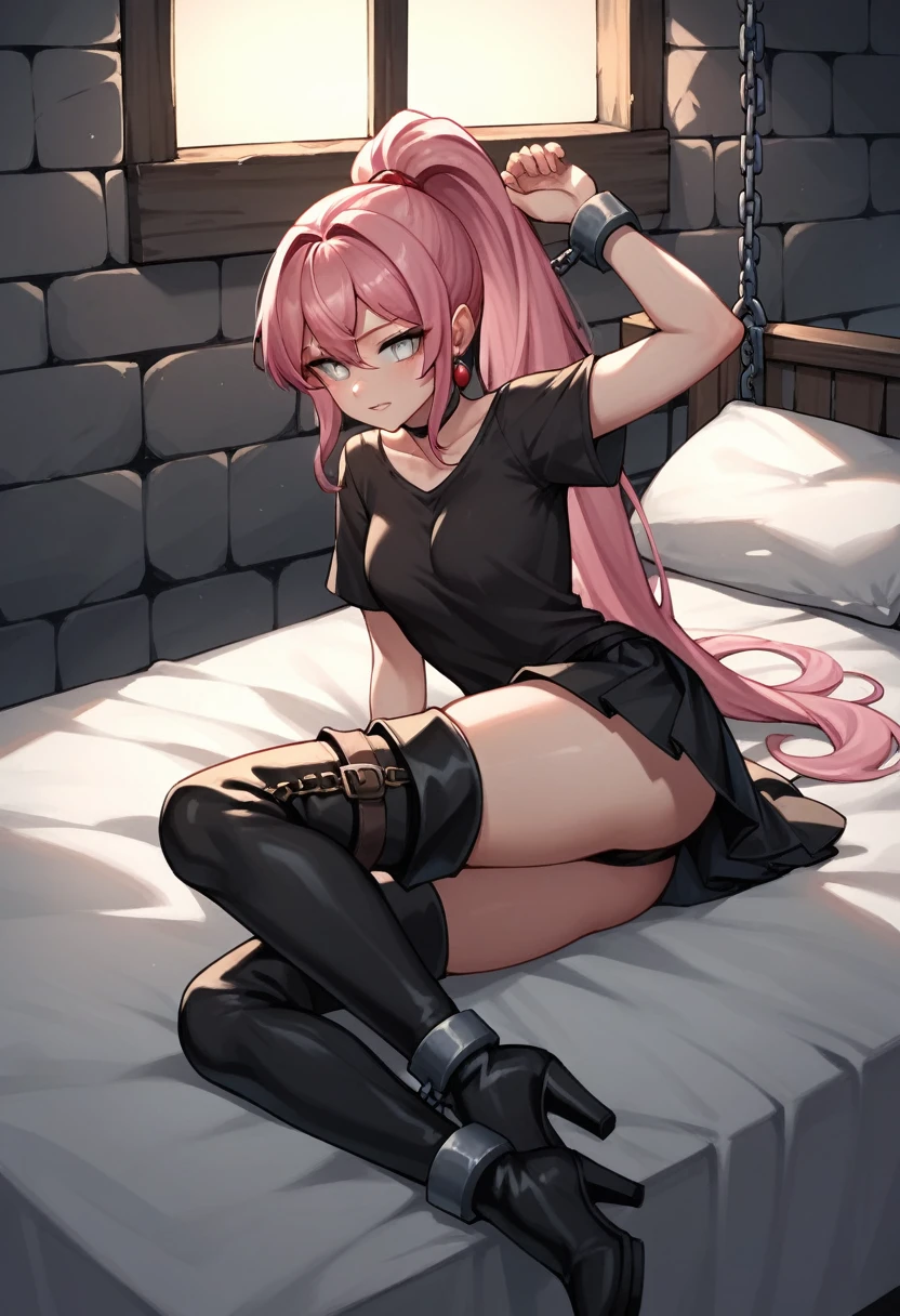 score_9, score_8_up, score_7_up, score_6_up, score_5_up, score_4_up, source_anime, 1girl,bed, pink hair ,ponytail, white eyes, laughter, w-w-chain, shackles, spraed arms, black shirt, skirt, black boots, thigh high boots, night, dungeon, best quality, best res, 4K UHD,
 