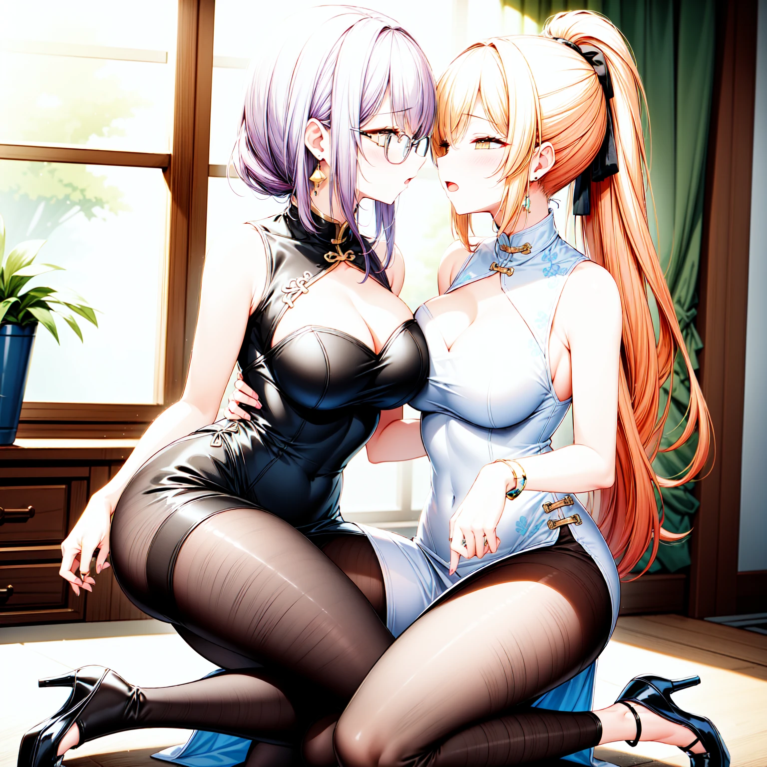 multiple_girls, breasts, 2girls, dress, high_heels, french kiss, red_hair, large_breasts, pantyhose, long_hair, yuri, cleavage, purple_hair, jewelry, eyewear_on_head, earrings, white_dress, blush, bare_shoulders, kneeling, white_footwear, closed_eyes, black_dress, black_footwear, bangs, sunglasses, indoors, window, ponytail, sleeveless, orange_eyes, thighs, halterneck, chinese_clothes, sleeveless_dress, china_dress, yellow_eyes, ass