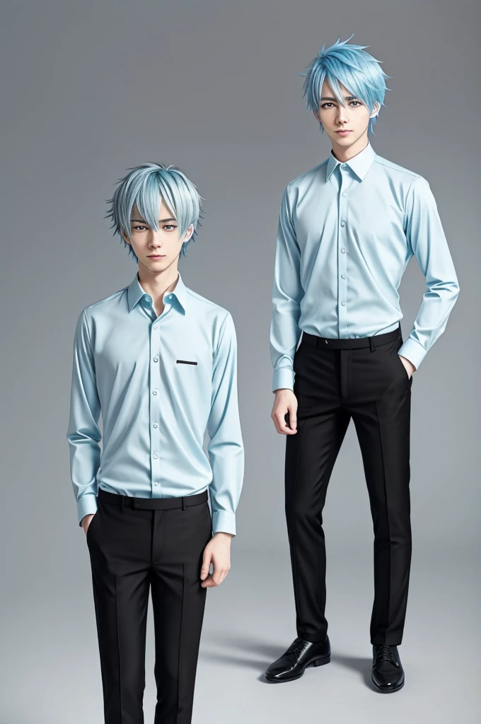 Anime character man in his 20s. Has light blue discoloured hair. His hair is short but ondulated. Uses a white formal shirt, some black pants and a collar. Average height.
