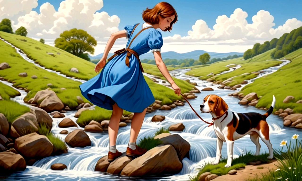 Draw a young woman with brown hair and a blue dress, crossing a stream and climbing a hill in one hand an old map. By his side a brown and white beagle.