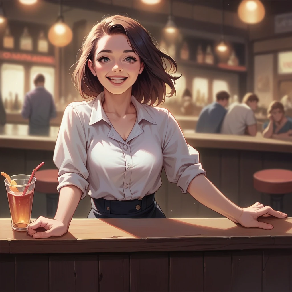 Merger_lolli_haynyx,
(working in a dark atmospheric bar, working behind the bar, pulling pints, bar, dark wood bar, atmospheric, wearing a shirt and tie and skirt:1.2),
bokeh, f1.4, 40mm, photorealistic, raw, 8k, textured skin, skin pores, intricate details <lora:epi_noiseoffset2:1>, epiCRealism