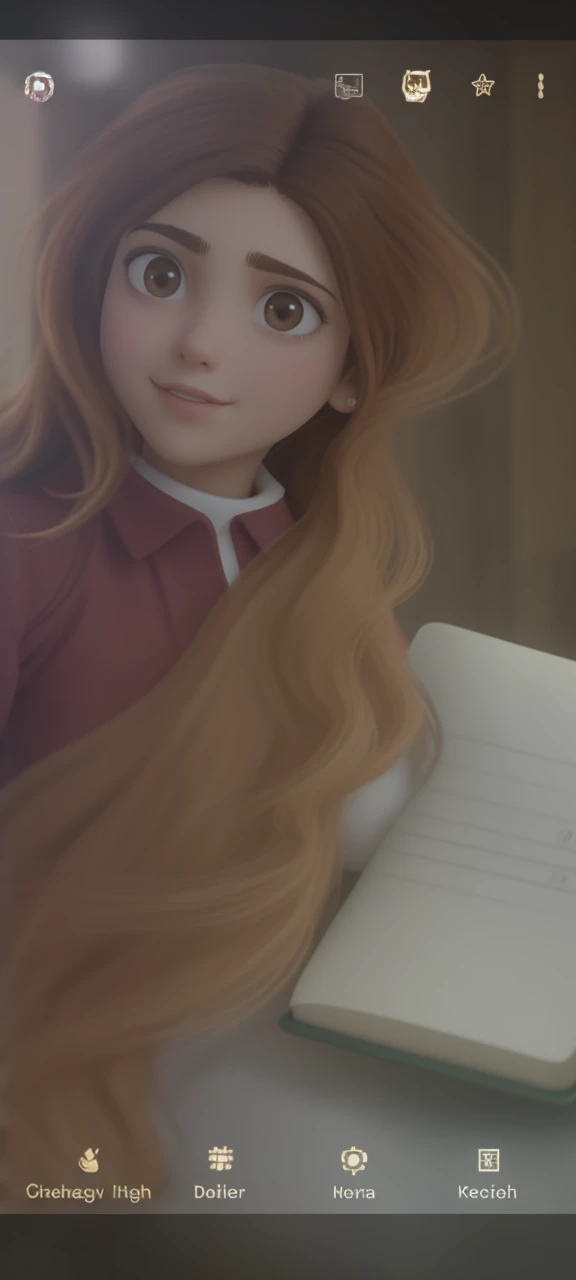 Uma mulher de 18 anos, with long brown wavy hair, Round face, charmer smile, and brown eyes, wearing glasses and holding a notebook close to his body