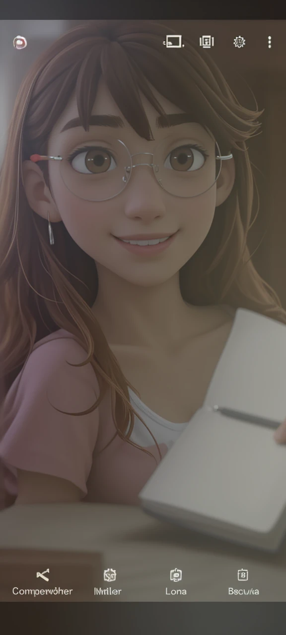 Uma mulher de 18 anos, with long brown wavy hair, Round face, charmer smile, and brown eyes, wearing glasses and holding a notebook close to his body