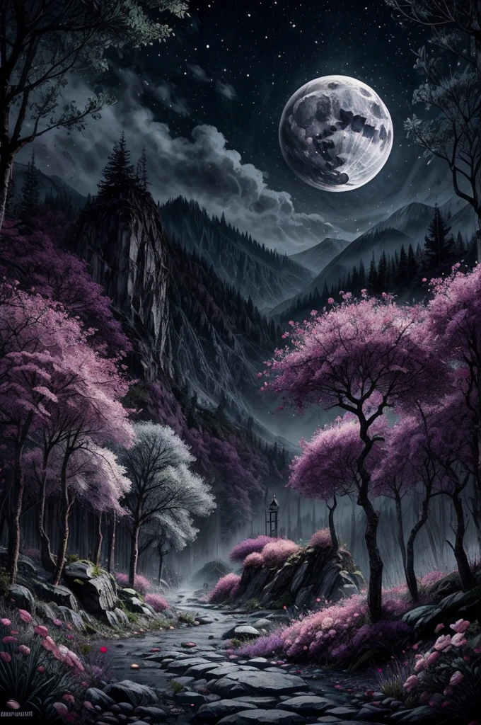 Poupée demoniaque, arbres morts, fleurs mauve et or, ambiance glauque,  lune électrique