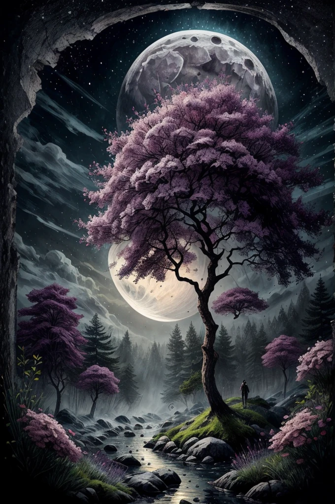 Poupée demoniaque, arbres morts, fleurs mauve et or, ambiance glauque, lune électrique