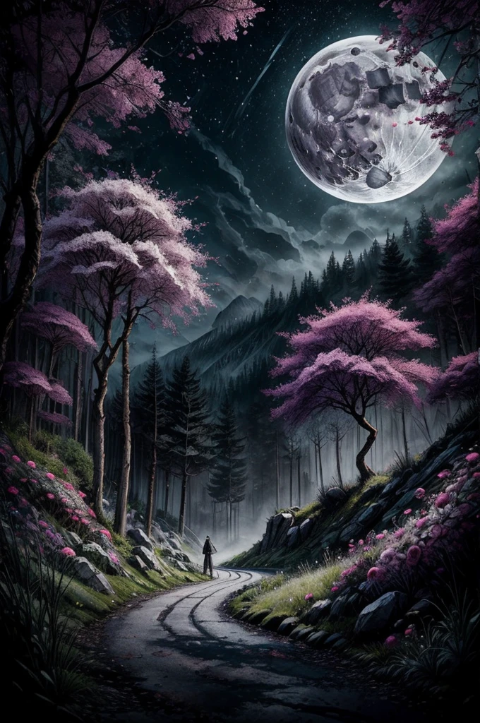 Poupée demoniaque, arbres morts, fleurs mauve et or, ambiance glauque,  lune électrique