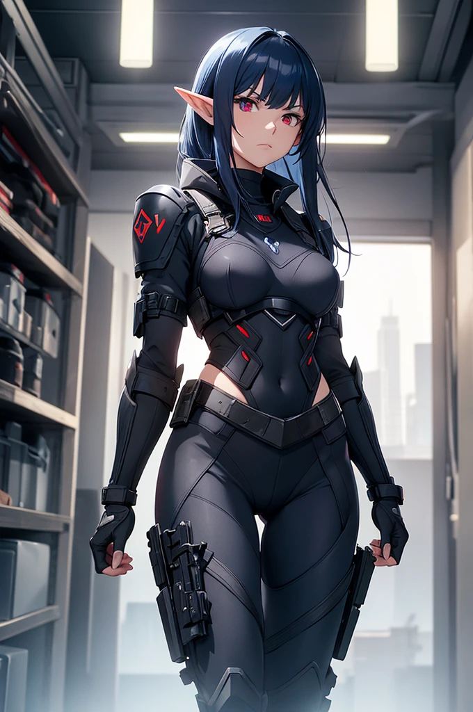 1girl, red eyes, blue hair, very short hair, ponytail, large breasts, hourglass figure, bodysuit, black bodysuit, neon, neon trim, machinery, tech, science-fiction, red glasses, futuristic, smile, standing, full body, ((full body)), ((long ponytail)), arms down, hands down, robot girl