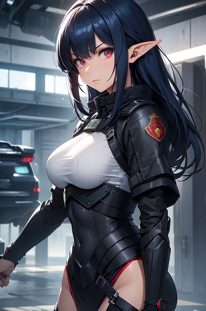 Create a high-quality image featuring an elf girl with dark navy-blue hair and straight bangs, and red eyes. She is a member of a police special forces unit, wearing black and blue body armor. She is in an aggressive pose with an aggressive expression. The background depicts a city inside a dome, with a black armored vehicle next to her. Emphasize that she is an elf girl.
