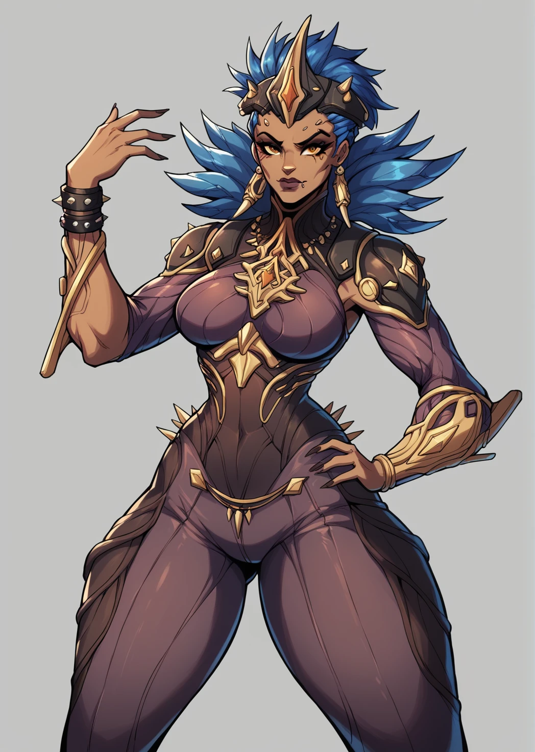 a cartoon image of a woman with a very big body and a very big head, samira from league of legends, junker queen from overwatch, anthro art, commission for high res, from overwatch, of a beautiful saryn warframe, of a beautiful female warframe, epic exquisite character art, sojourn from overwatch, ne zha from smite